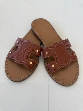 Celine Tan Brown Leather Logo Slide Sandals with Gold Studs